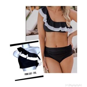 2XL PINK LIKY BLACK AND WHITE RUFFLE SINGLE SHOULDER BIKINI TOP